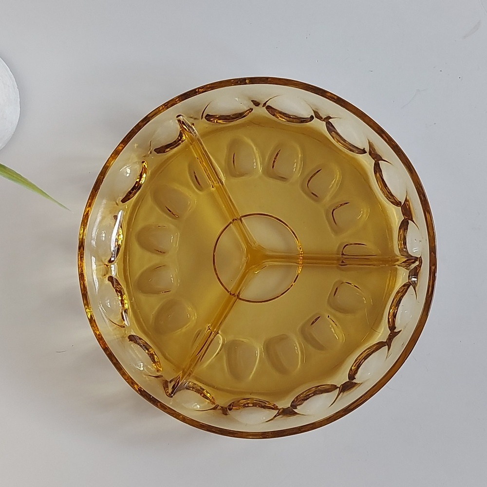⬇️💛Vintage Mid Century Hazel Atlas Amber Thumbprint 3 Part Divided Relish Dish